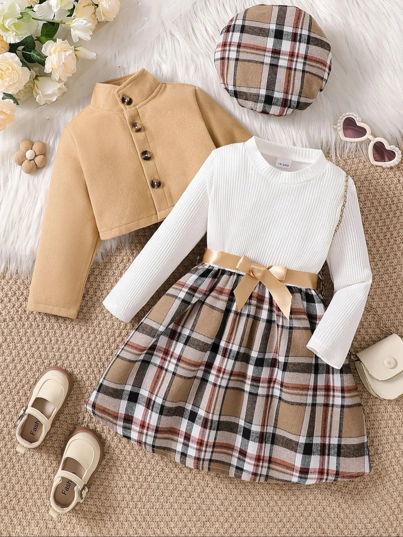 Kids Girls Clothes 3 Pcs Sets 1-6 Years Autumn Winter Long Sleeve Plaid Dress With Jacket+Beret Child Girl Fashion Clothing Set