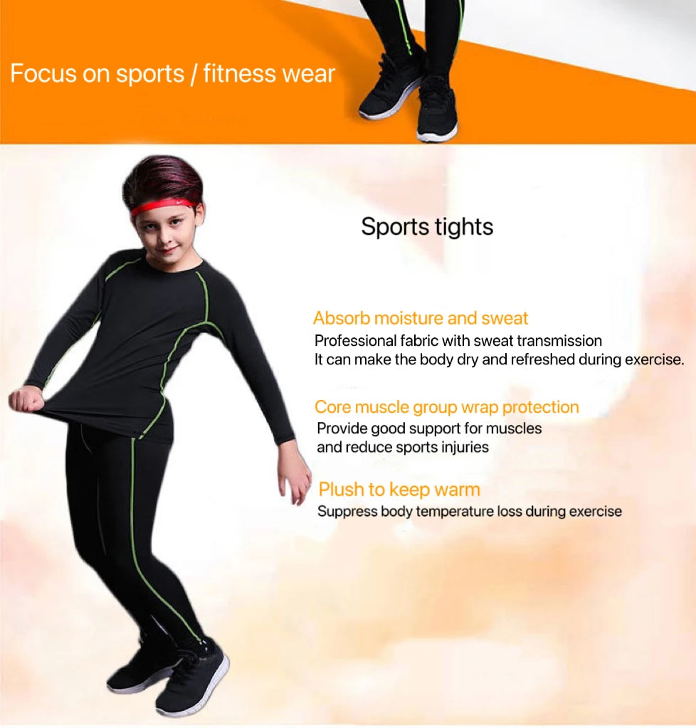 1 Set Boy Autumn Winter Quick Drying Tights Clothe Youth Kid Leggings Shirt Long Sleeve Basketball Football Sport Fitness Suit