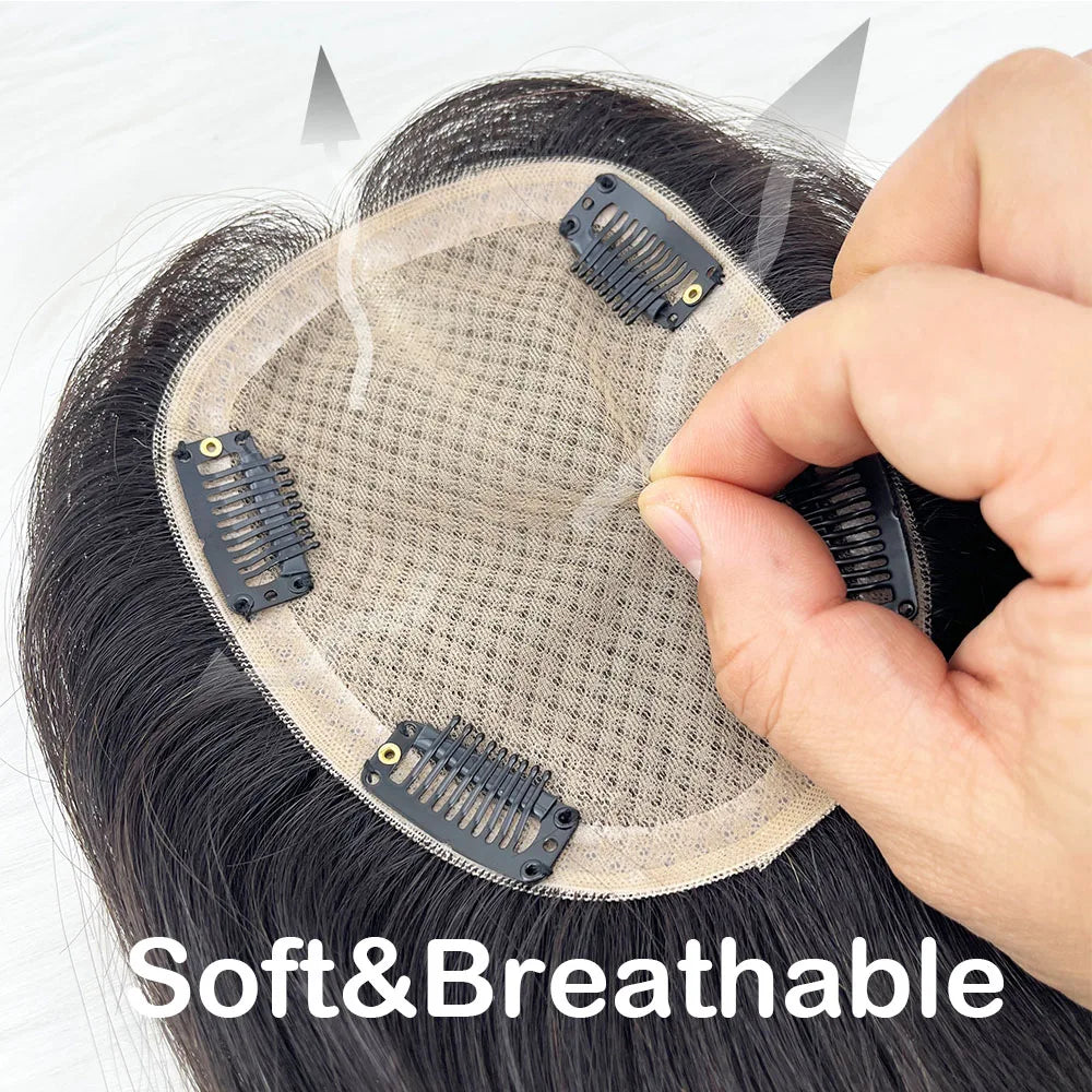 Human Hair Topper Silk Top Remy European Hair Straight Silk Base Full Hand tied Soft Breathable Hair Piece Clips for Women