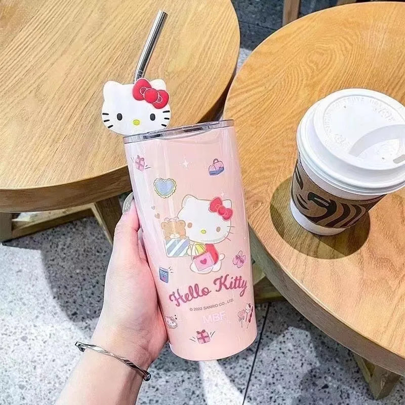 600ML Sanrio thermos cup kawaii hello Kitty kuromi melody student children gift anime cartoon cute portable straw large capacity