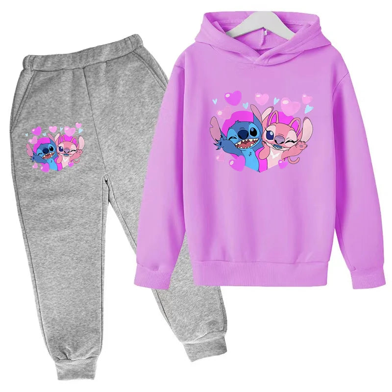 New Cute Stitch Hoodies Sweatshirts Girls Clothes Children's Clothing Sets Child Girl Tops+Pants 2 Pcs Suits Boys Tracksuits Set