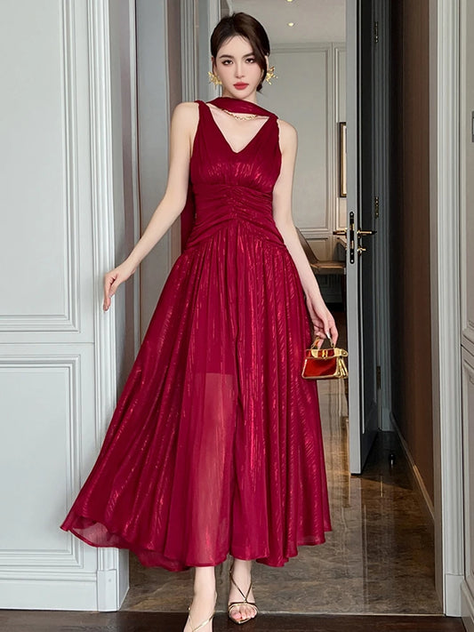 New Summer Chiffon Bright Silk Red Gown Evening Dress Women Clothes Elegant Sexy Tank V-Neck A-Line Maxi Robe Party Prom Vestido
