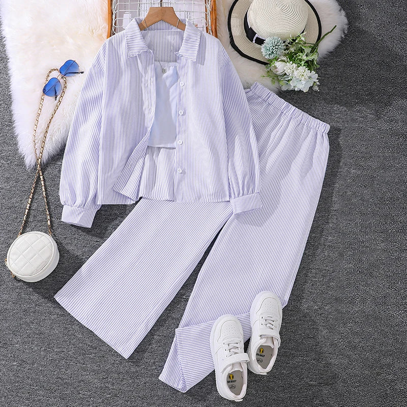 Spring Hot Sale Kids Outfit 4-12 Years Girls Striped Long Sleeve Chemise + Casual Loose Straight Leg Pants Shirt Suit 2Pcs Set
