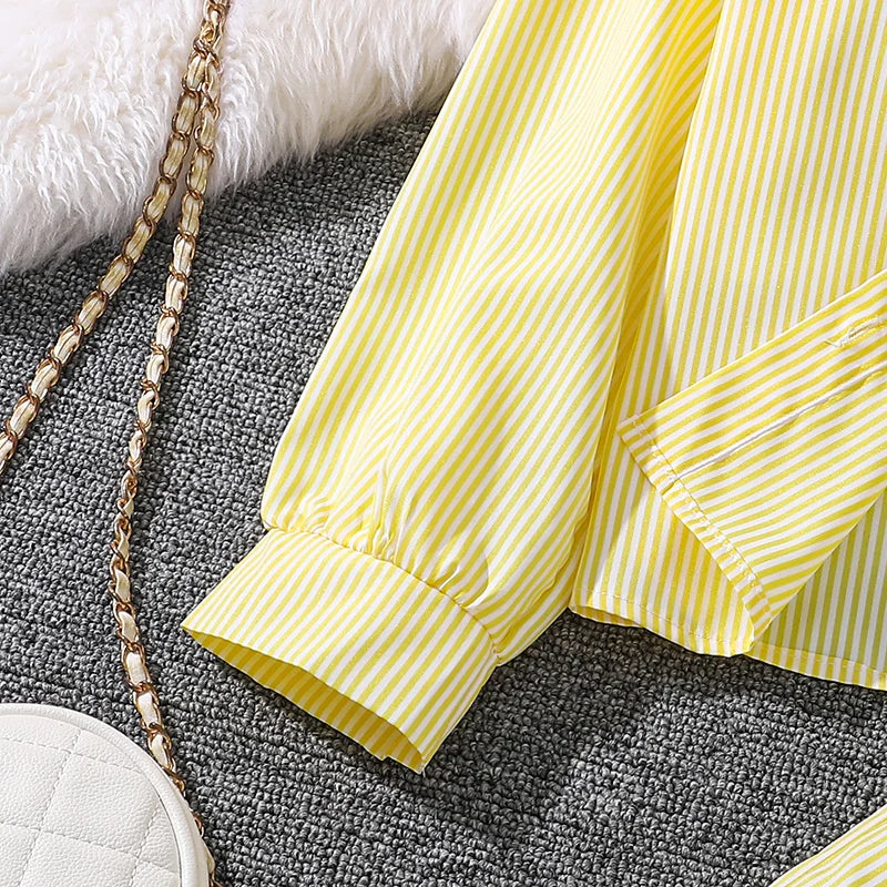 Spring Hot Sale Kids Outfit 4-12 Years Girls Striped Long Sleeve Chemise + Casual Loose Straight Leg Pants Shirt Suit 2Pcs Set