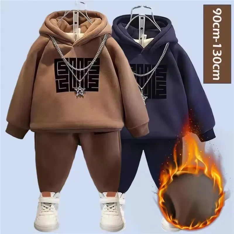 Winter Boys Padded Sets Children's Thicken Suit Autumn Fleece Hooded Sweatshirt Sweatpants 2 Pieces Kids New Warm Outfit