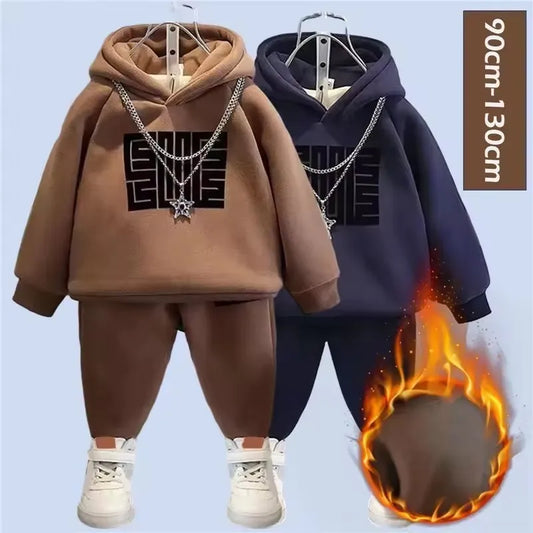 Winter Boys Padded Sets Children's Thicken Suit Autumn Fleece Hooded Sweatshirt Sweatpants 2 Pieces Kids New Warm Outfit