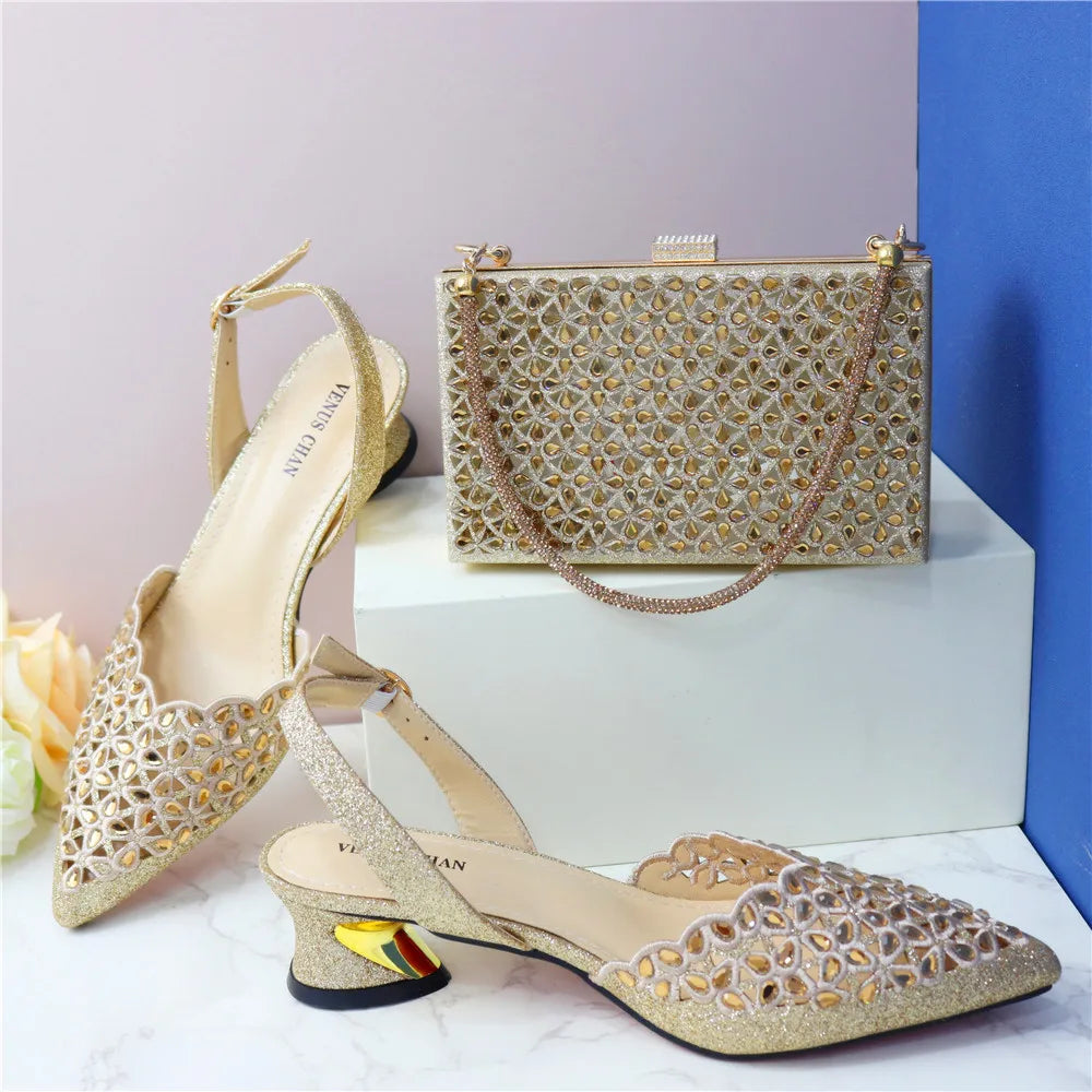 Ladies Italian High Heel and Bag Set Golden Color Italian Shoe with Matching Bag Set 2024 Nigerian Shoes and Bag Set for Party