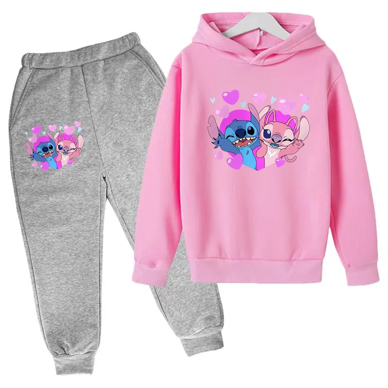 New Cute Stitch Hoodies Sweatshirts Girls Clothes Children's Clothing Sets Child Girl Tops+Pants 2 Pcs Suits Boys Tracksuits Set