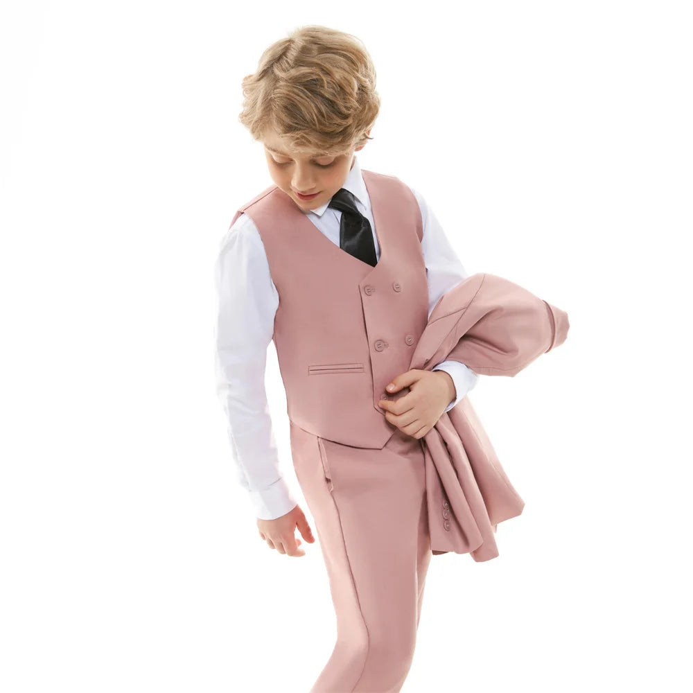 Chic Solid Notch Lapel Boy's Suit Soft Blush For Boys 4-Piece Suit Modern Formal Ring Boys Includes Blazer Vest Pants