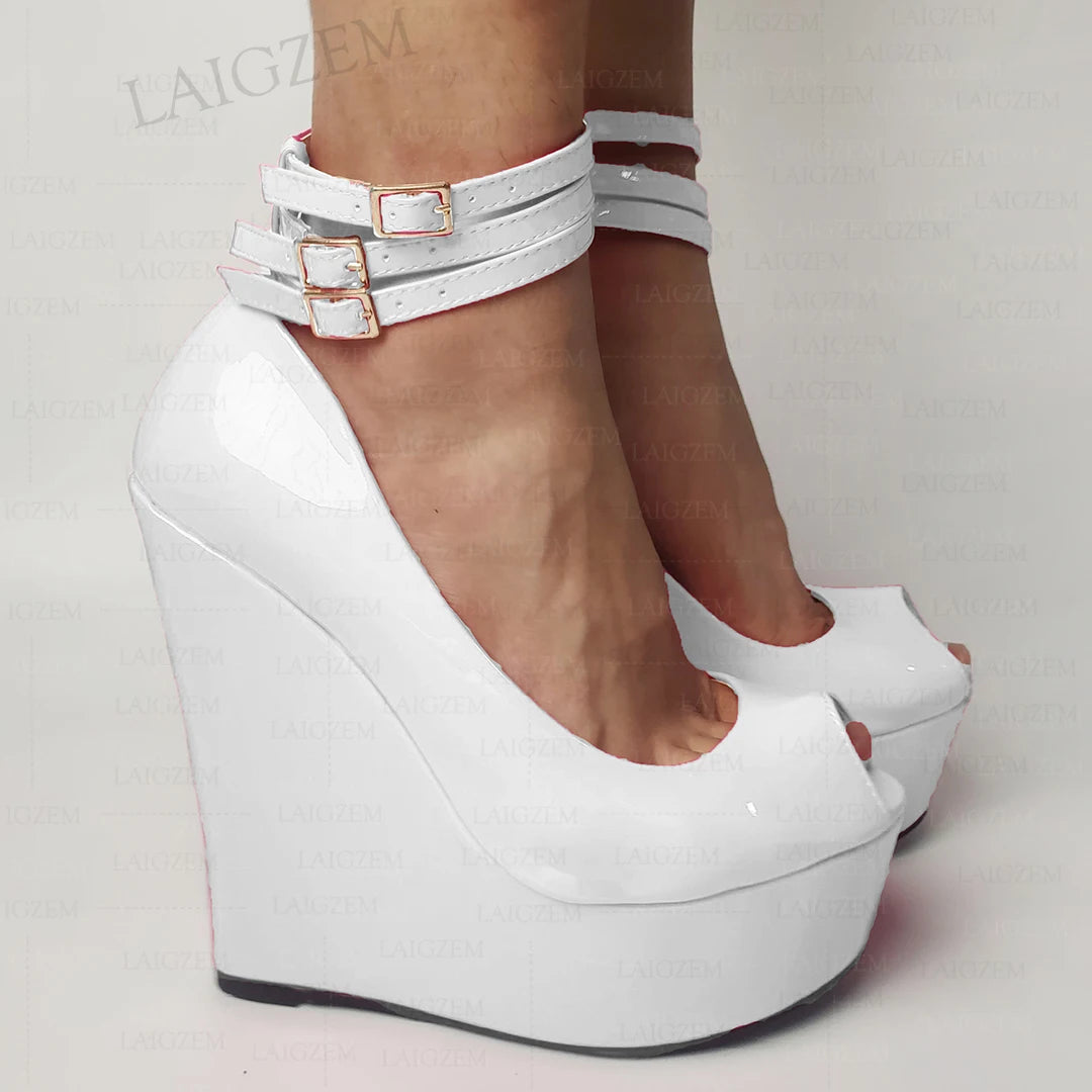 LAIGZEM Women Platform Wedges Pumps Ankle Straps Shiny Peep Toe High Heels Sandals Ladies Height Increase Shoes Woman Large Size