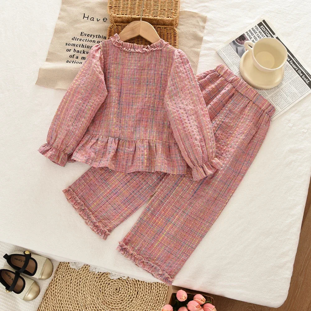 Fashionable Casual Pink Checkered Shirt Top And Pants Set for Girls 3-7 Years Long Sleeved Spring Autumn Two-piece Outfit