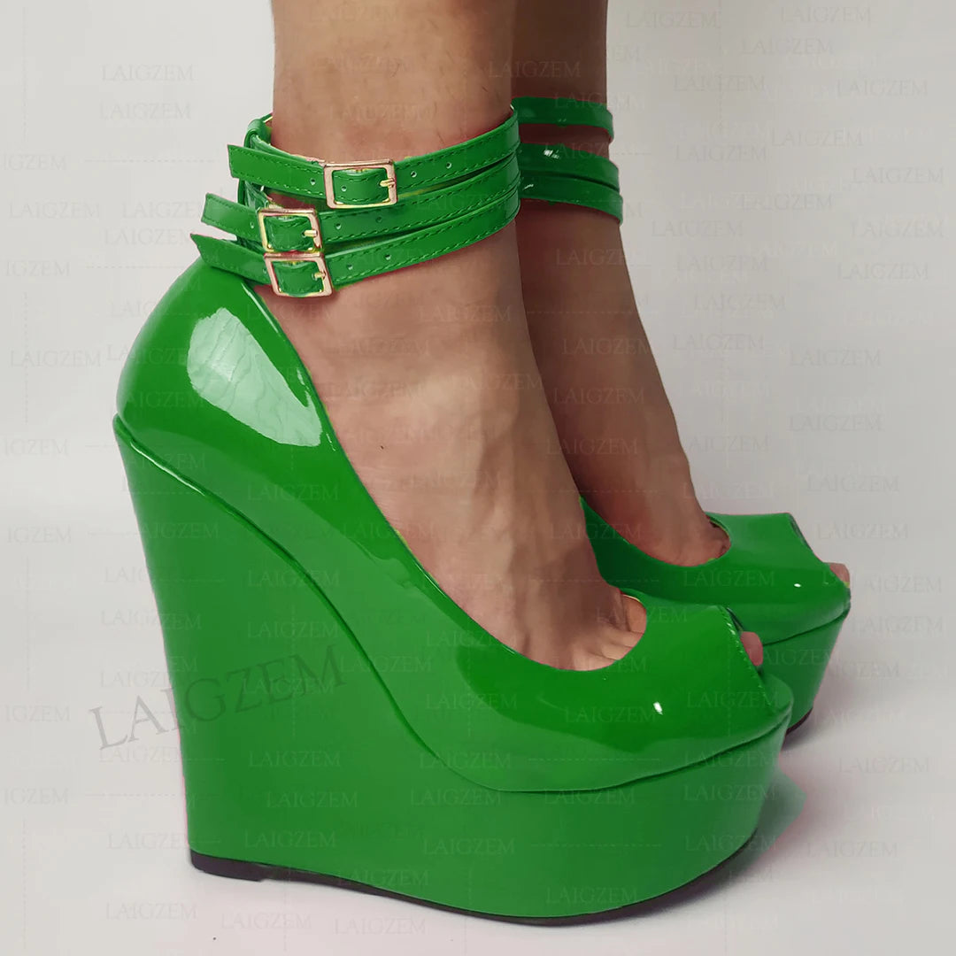 LAIGZEM Women Platform Wedges Pumps Ankle Straps Shiny Peep Toe High Heels Sandals Ladies Height Increase Shoes Woman Large Size