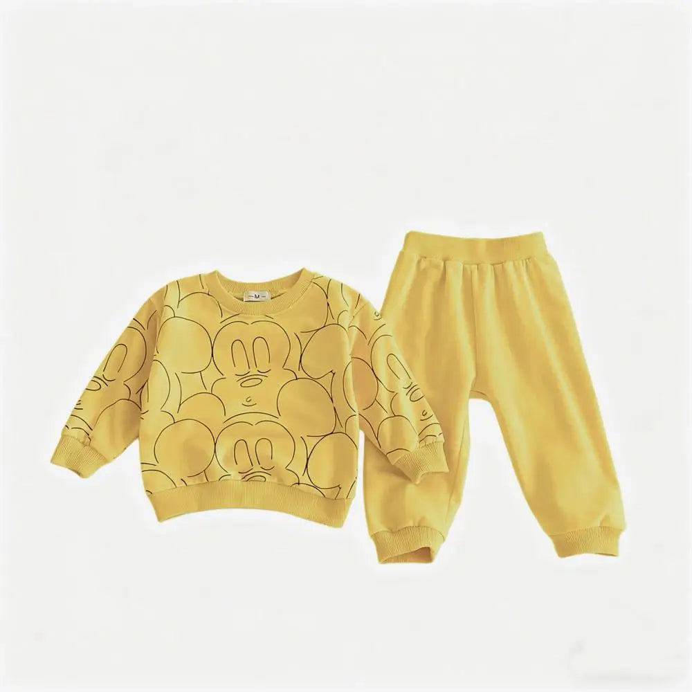 0-3Age Child Clothing Full Print Sweatshirts Solid Color Pants New Cartoon Hoodie All-match Pants Outer Wear Kids Two Piece Set