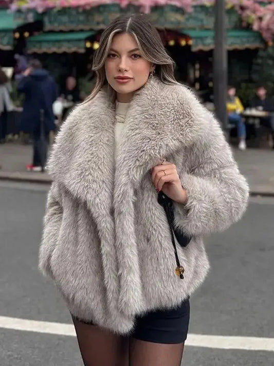 HH 2025 Winter Coats For Women Fashion New Faux Fur Long Sleeves Loose Coat Female Versatile High Street Women's Cardigan