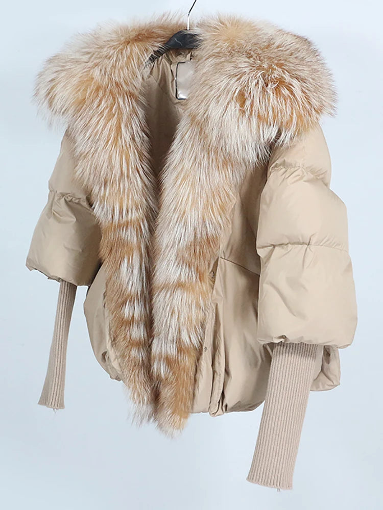 OFTUBY 2023 White Duck Down Jacket Winter Women Warm Loose Coat Natural Real Fox Fur Collar Thick Luxury Outerwear New Fashion