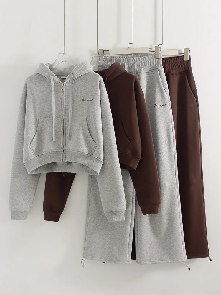 Women Tracksuits Winter Fleece Sweatsuit Brown Warm Crop Zipper Hoodies And Sweatpants Set For Women 2 Piece Velvet Pants Sets