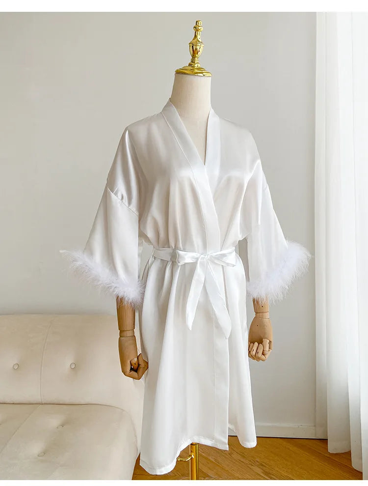 Wedding Bride Robe Morning Gown Elegant Feather Female Kimono Bathrobe Gown Sexy Rayon Summer New Sleepwear Nightwear Lingerie