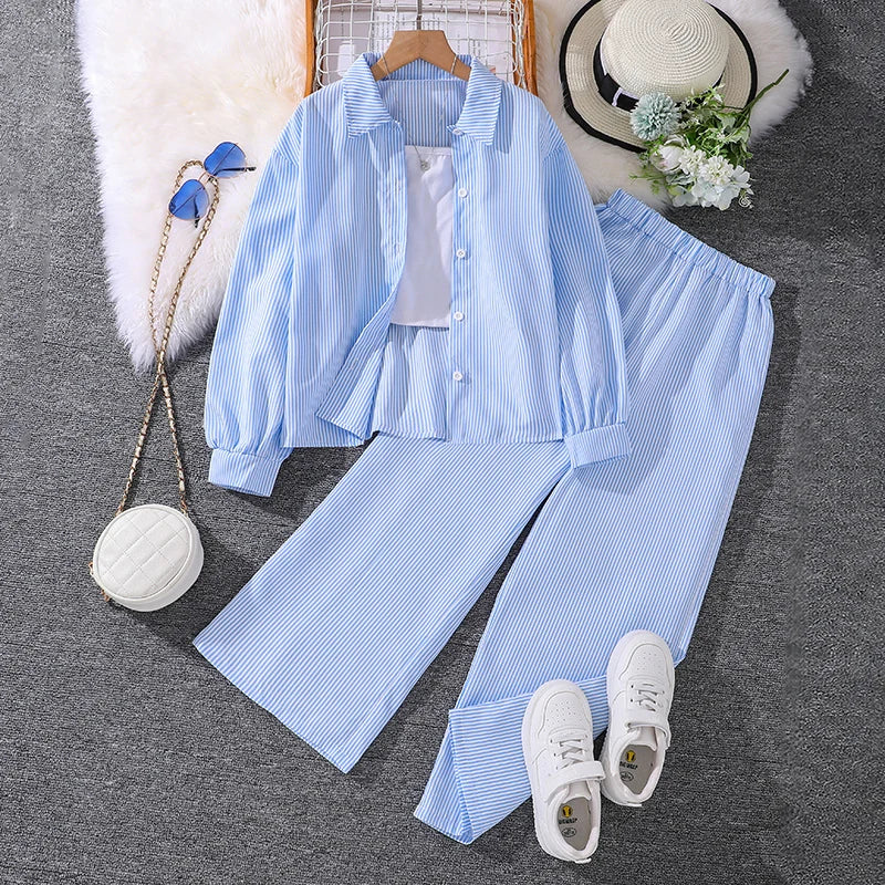 Spring Hot Sale Kids Outfit 4-12 Years Girls Striped Long Sleeve Chemise + Casual Loose Straight Leg Pants Shirt Suit 2Pcs Set