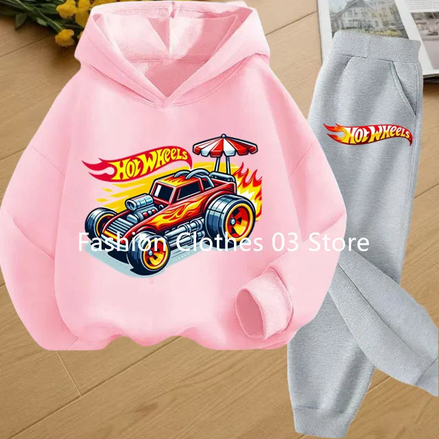 Fashion Sweatshirt Casual Sportswear Kids Clothing Hot Wheels Car Game Printed Hoodie Coat 3-12 Yrs Boys Girls Toddler Top+pants