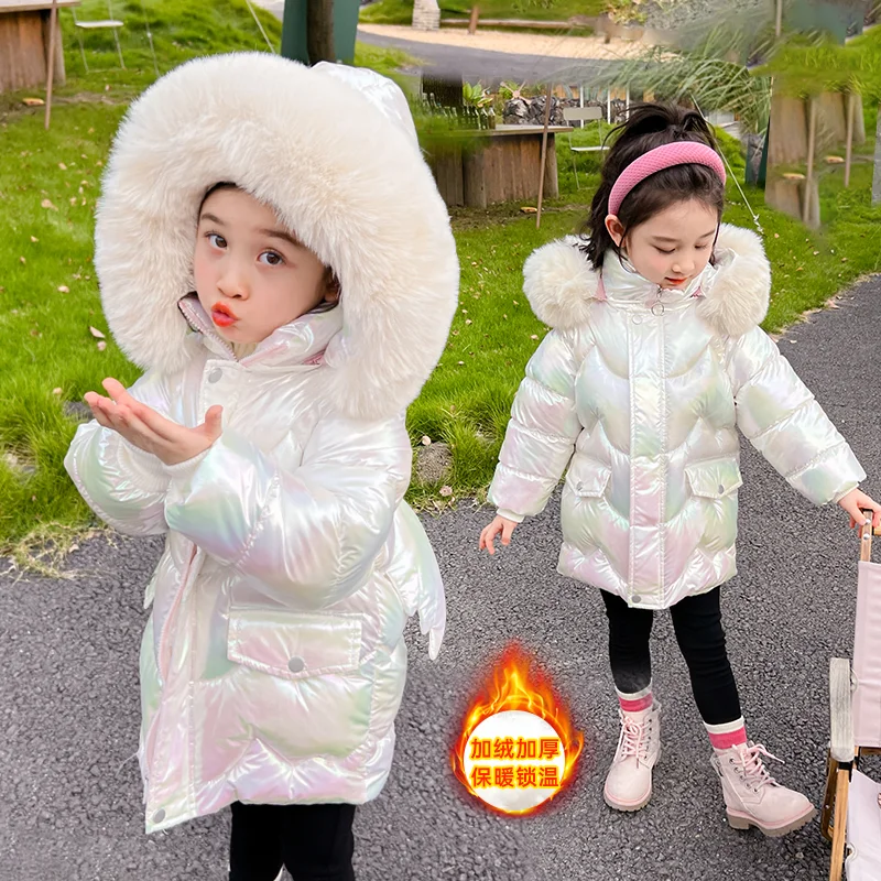 New Winter Coats Girls Warm Long Down Jackets Kids Fashion Unicorn Shiny Waterproof Parka Children Fur Collar Hooded Outerwear