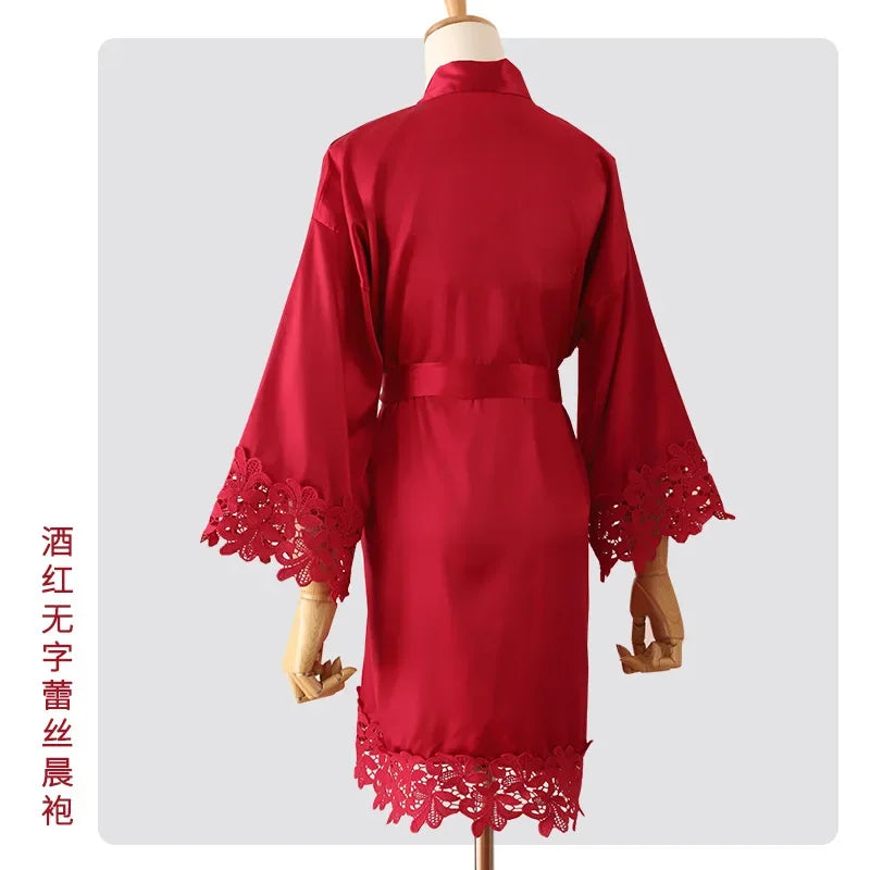 Sexy Bride Wedding Robe Home Dress Elegant Lace Embroidery Bride Negligee Kimono Gown Loose Silk Satin Sleepwear Nightgown