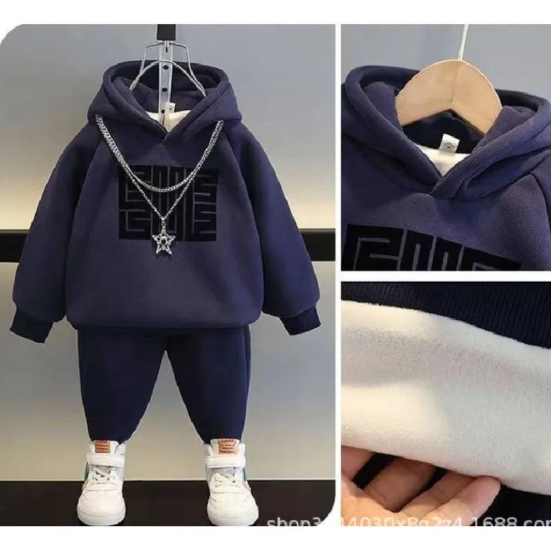 Winter Boys Padded Sets Children's Thicken Suit Autumn Fleece Hooded Sweatshirt Sweatpants 2 Pieces Kids New Warm Outfit