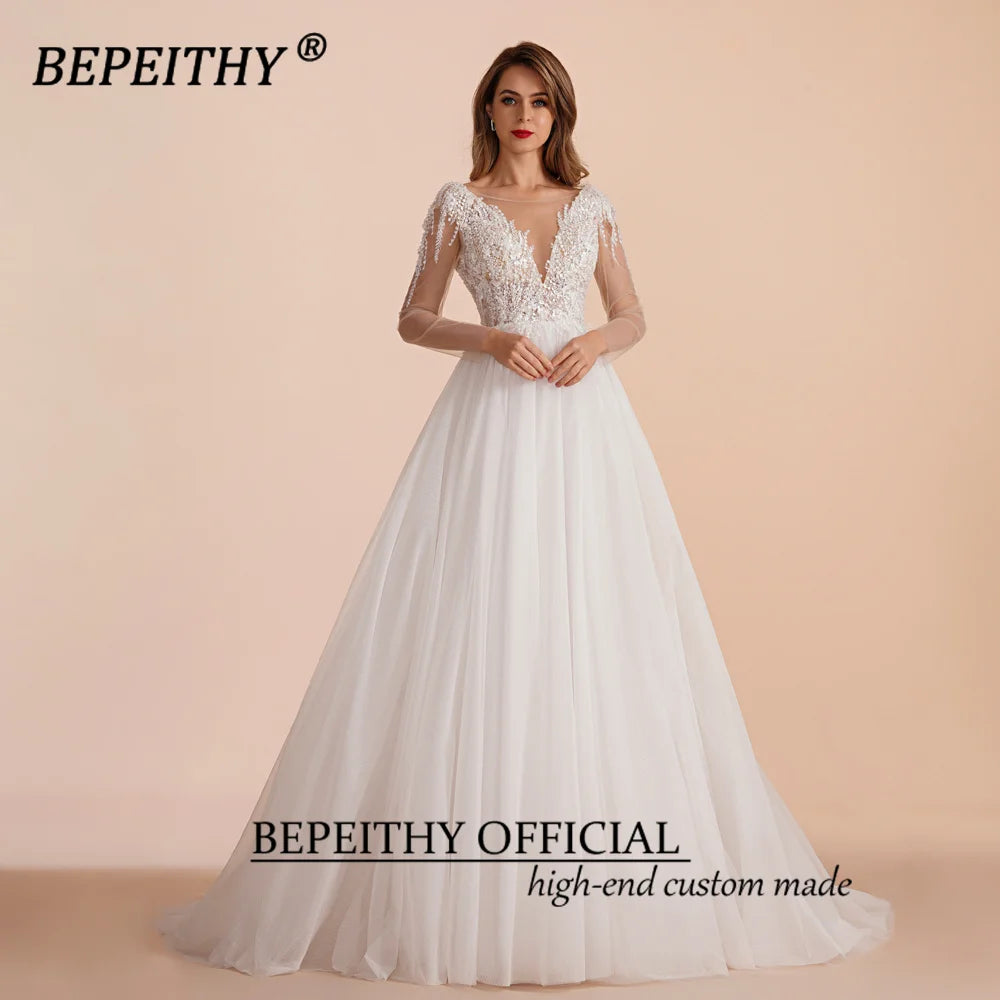 BEPEITHY Customized Scoop Long Sleeves Beading Bodice Wedding Dresses 2023 For Women Bride A Line Floor Length Bridal Party Gown