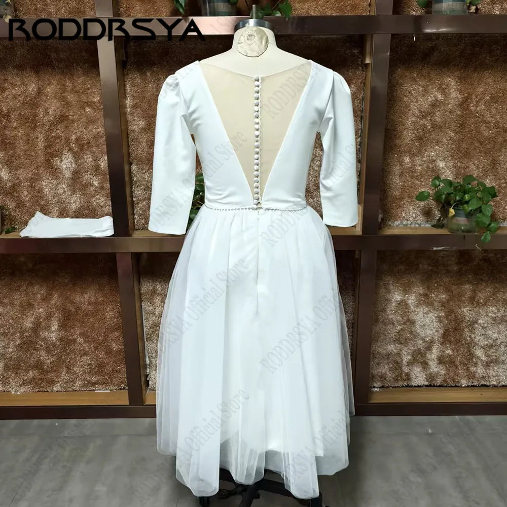 RODDRSYA Elegant Wedding Dresses For Bride Simple Ankle Length Bridal Gowns A-Line V-Neck 3/4 Sleeves Simple Short Robes Mariee