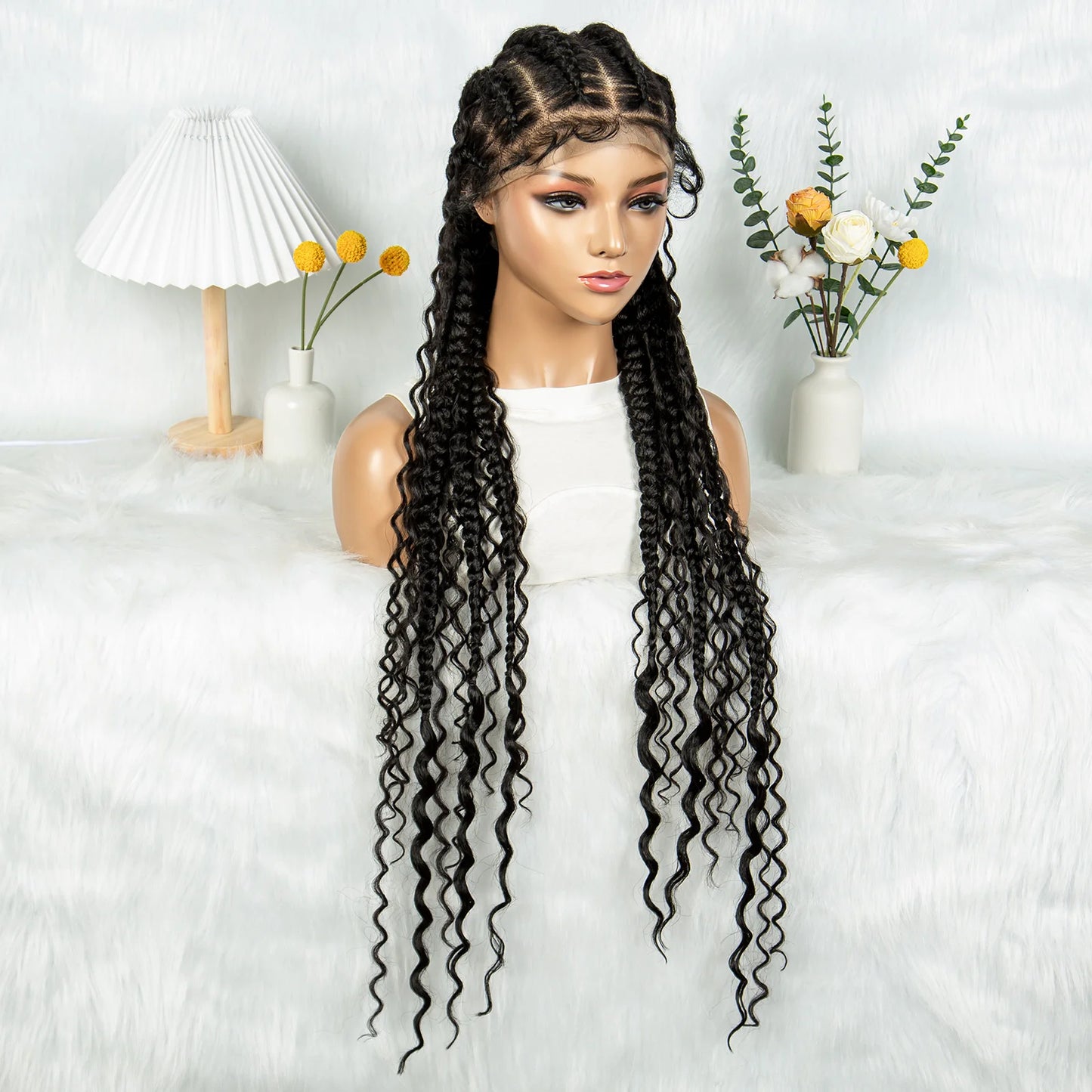 Cornrow Braided Wigs with Curly Ends Knotless Lace Frontal Braids Wig Synthetic Full Lace Braided Wigs with Baby Hair for Women