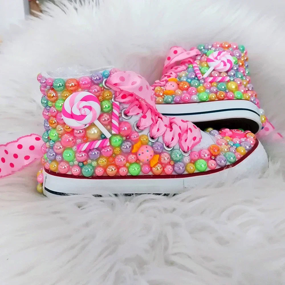 Handmade Rhinestones Bling Girls Womens Kids And Mother Candy Canvas Shoes Pearls Sneakers For Girl Birthday Party Wedding