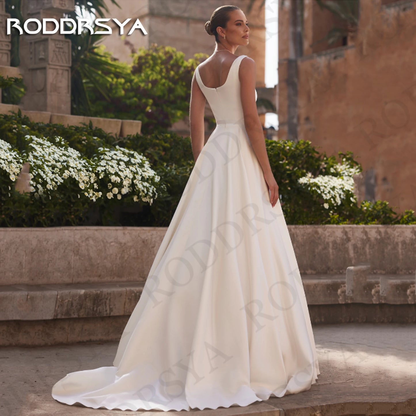 RODDRSYA Simple Satin Wedding Dress Elegant Square Neck A Line Bride Gown vestido de novia Sleeveless Spaghetti Strap Customized