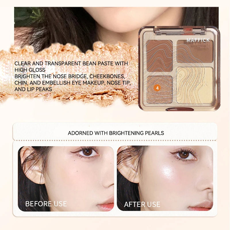 MAFFICK 4-Color Contour Palette:Matte Brightener, and Shimmer Highlight-Versatile Multi-Use Palette for Eye Shadow, Contouring,