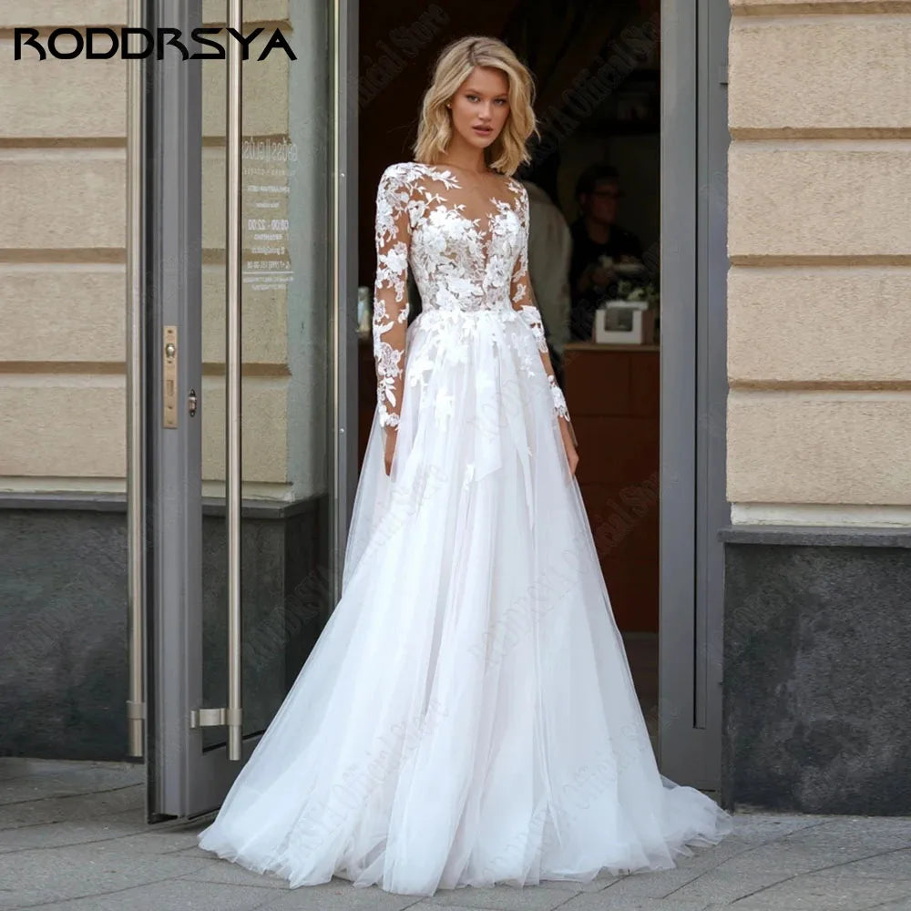 RODDRSYA Elegant A-Line Lace Wedding Dress Long Sleeves Scoop Neck Applique Bridal Gowns Plus Size robes de mariée Customized