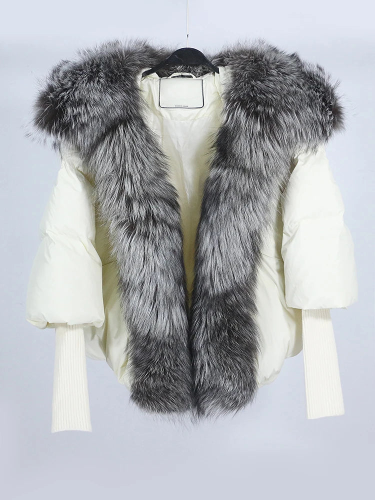 OFTUBY 2023 White Duck Down Jacket Winter Women Warm Loose Coat Natural Real Fox Fur Collar Thick Luxury Outerwear New Fashion