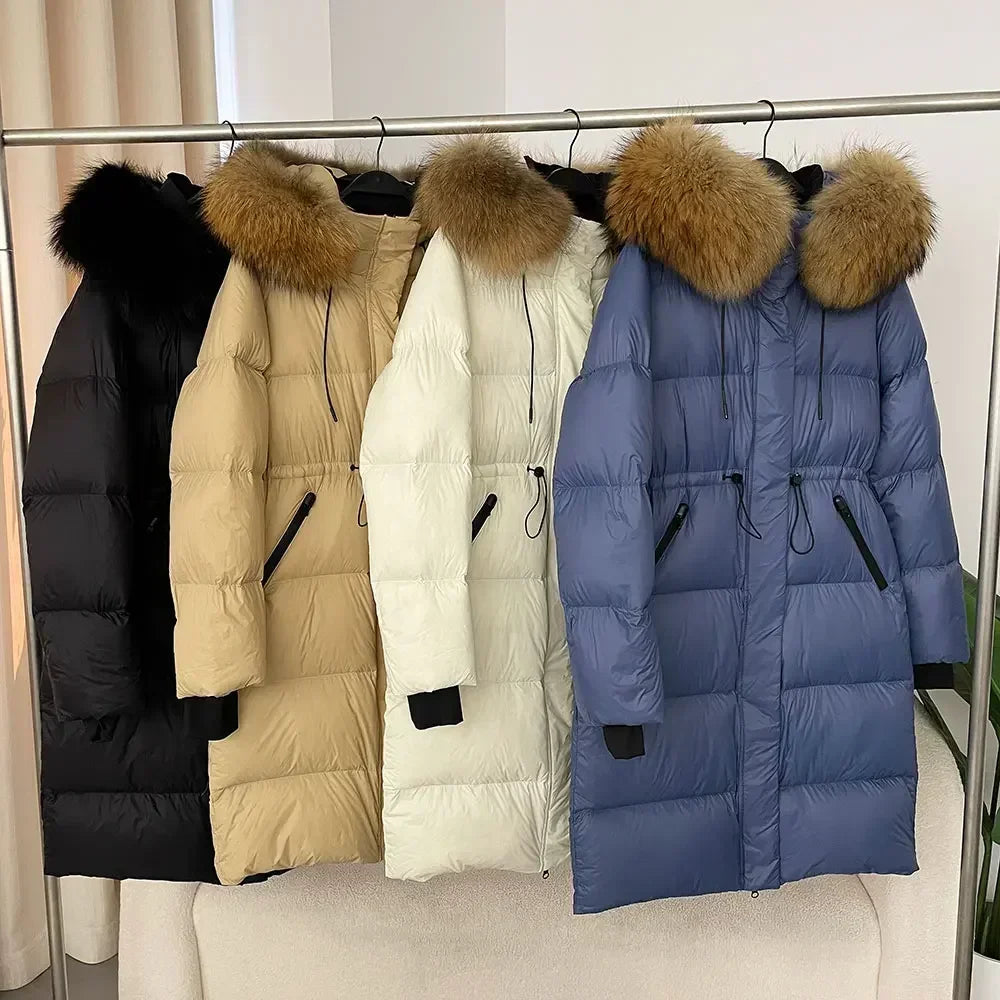 2024 Winter New  Casual Fashion Slim Warm Jacket Female White Duck Down Real Fox Fur Real Raccoon Fur Long Hooded Coat Women