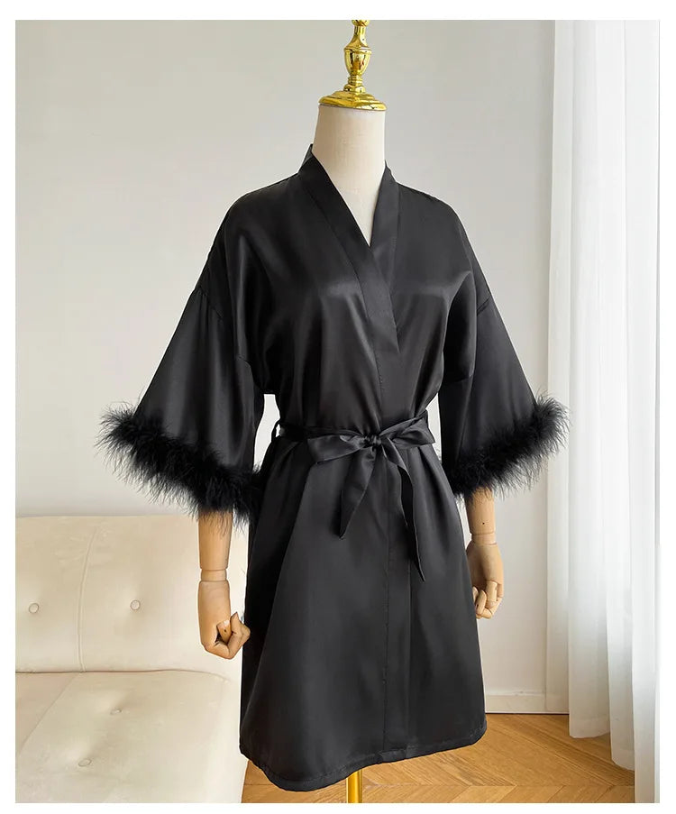 Wedding Bride Robe Morning Gown Elegant Feather Female Kimono Bathrobe Gown Sexy Rayon Summer New Sleepwear Nightwear Lingerie
