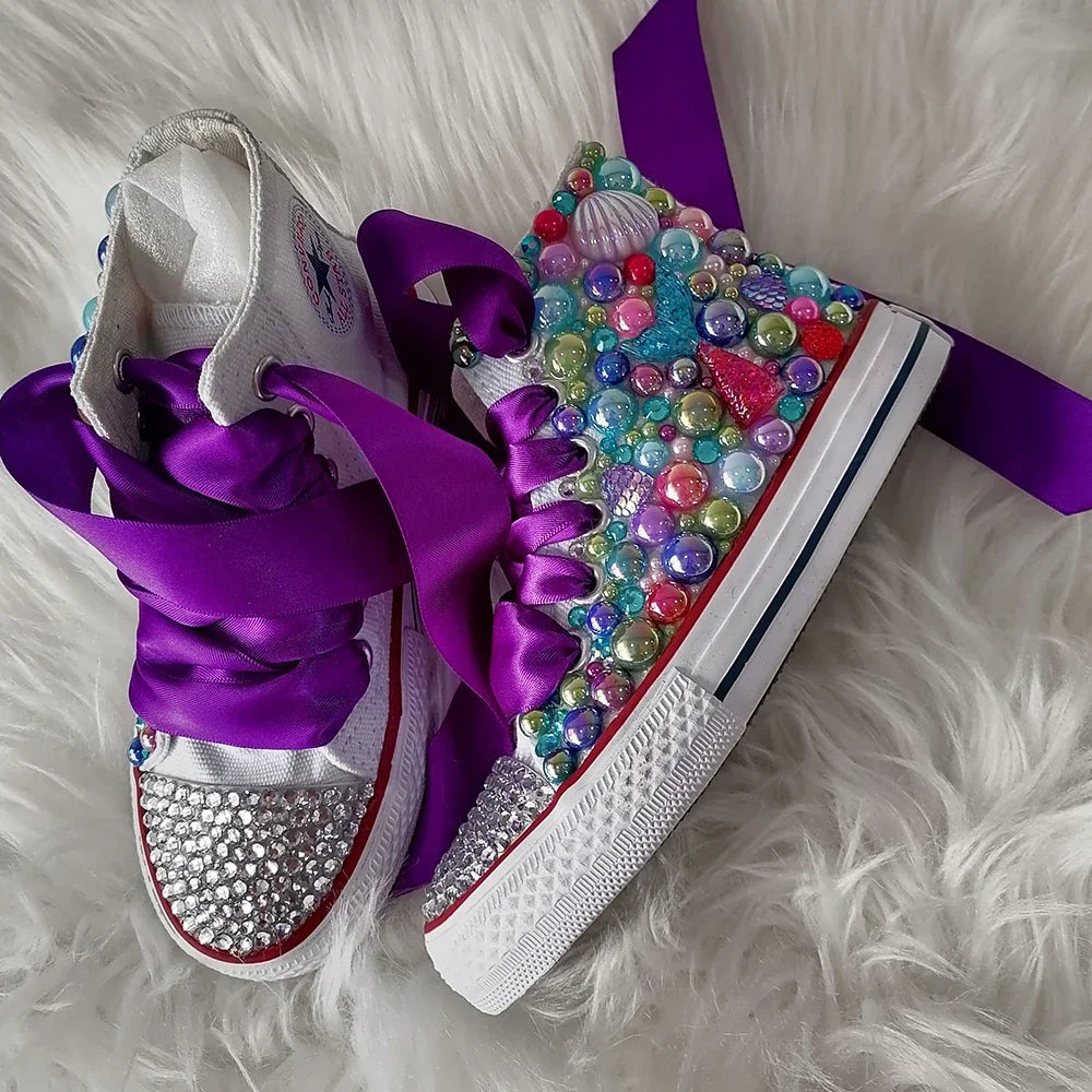 Handmade Rhinestones Bling Girls Womens Kids And Mother Candy Canvas Shoes Pearls Sneakers For Girl Birthday Party Wedding
