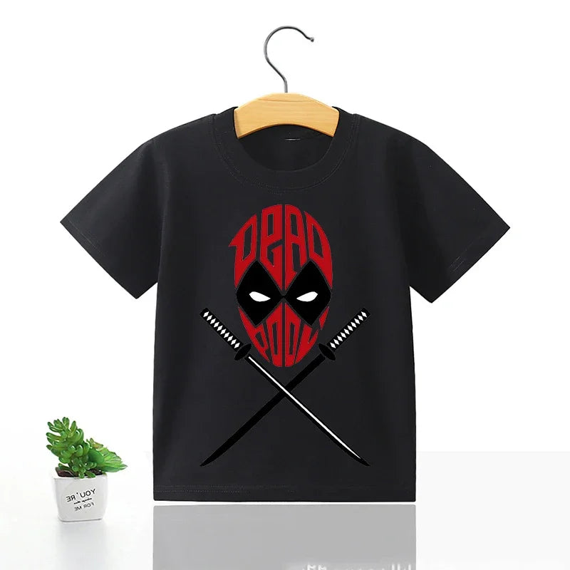 Deadpool & Wolverine Black T-shirt  Summer Pop Clothing Cartoon Round Neck Loose Marvels Movie Character Children Birthday Gift