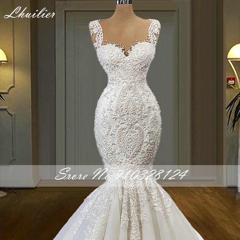 Lhuilier Customized Scoop Neck Mermaid Wedding Dresses Sleeveless Pearls Beaded Lace Appliques Bridal Dress with Court Train