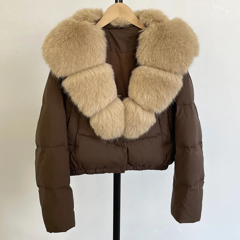 Faux Fur Collar Puffer Jacket Fashion Fake Fur Women Fur Coat Eco-friendly Winter Short White Duck Down Jacket Warm Clothing