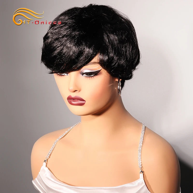 Grey Human Hair Wigs Short Pixie Cut Wig Human Hair For Black Women Machine Made Wigs With Bangs Colored Short Bob Wigs