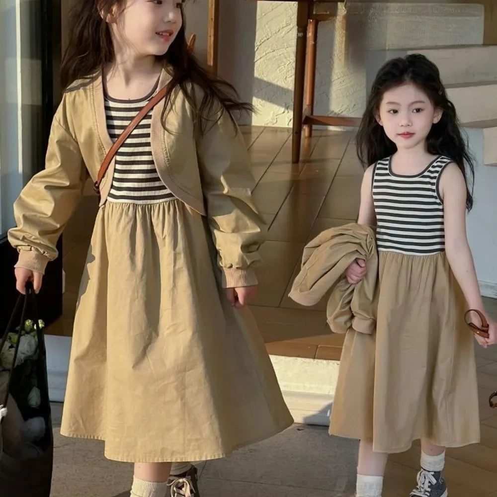 4 5 7 9 11 13-year-old Girl's Casual Clothes 2025 Autumn New Suspender Striped Vest Dress+khaki Jacket Two-piece Set