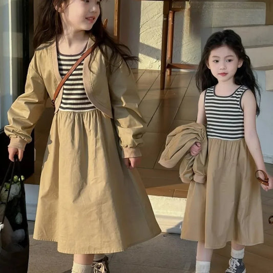 4 5 7 9 11 13-year-old Girl's Casual Clothes 2025 Autumn New Suspender Striped Vest Dress+khaki Jacket Two-piece Set