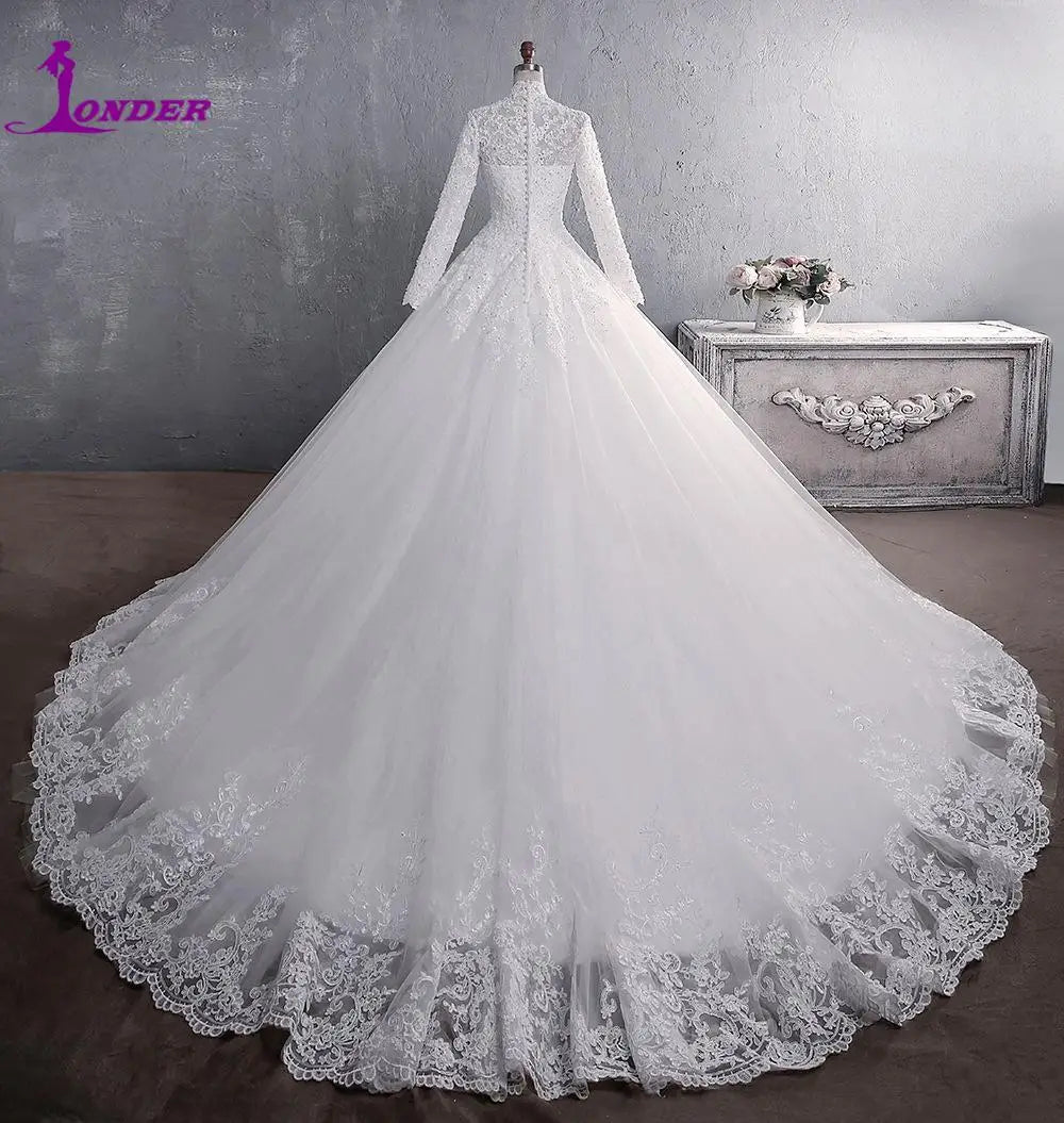 Muslim Wedding Dress 2024 Elegant High Neck With Train Princess Bride Dress Luxury Lace Wedding Gown Customized Vestido De Noiva