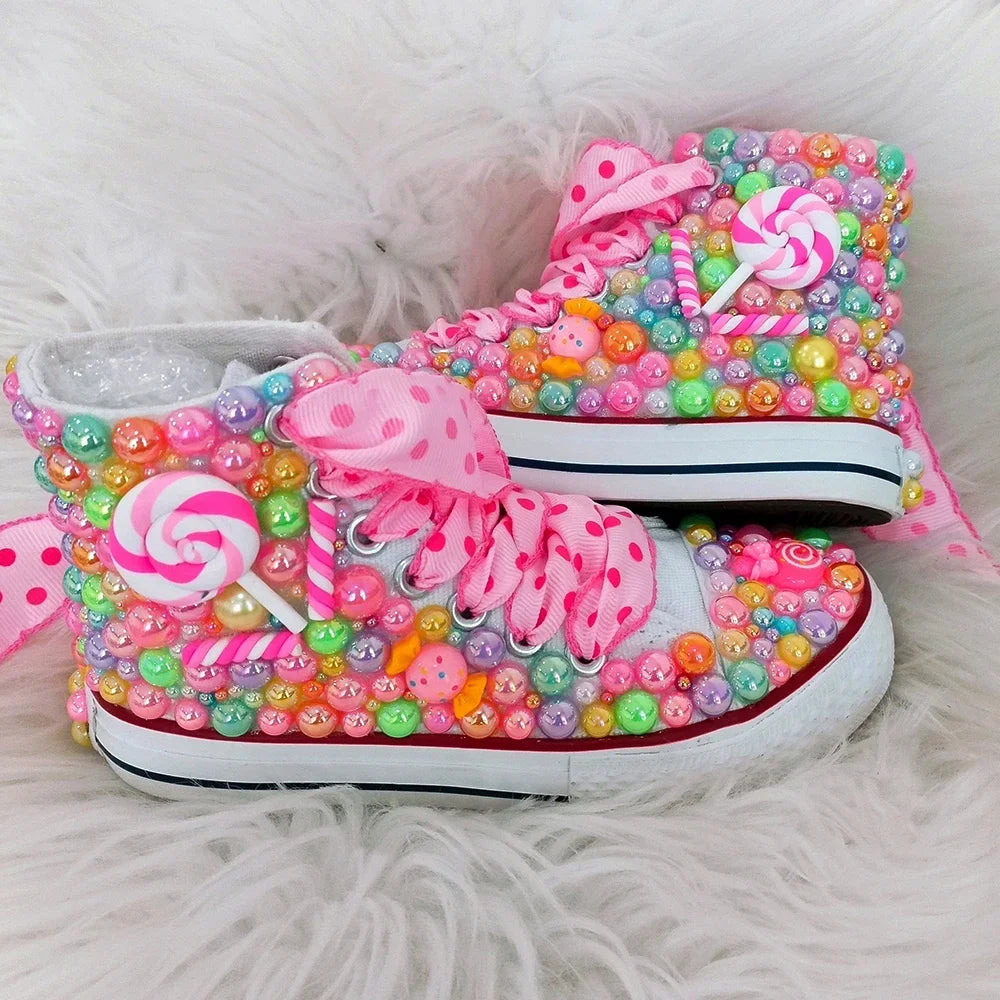 Handmade Rhinestones Bling Girls Womens Kids And Mother Candy Canvas Shoes Pearls Sneakers For Girl Birthday Party Wedding
