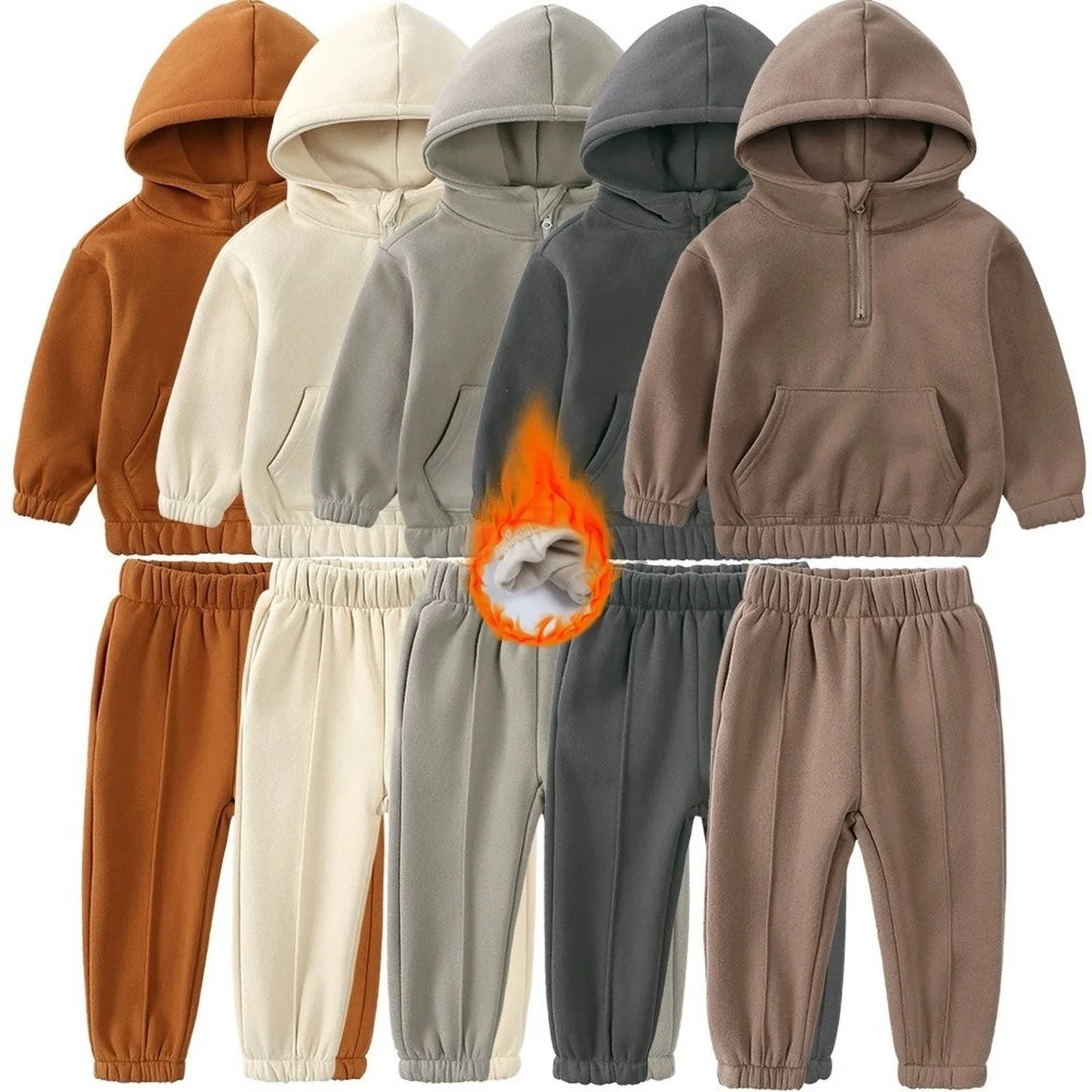 2Pcs Kids Boys Girls Winter Solid Warm Suits Children Cotton Fleece Hooded Sweater Sweatpants Set Toddler Tracksuit Sportsuit