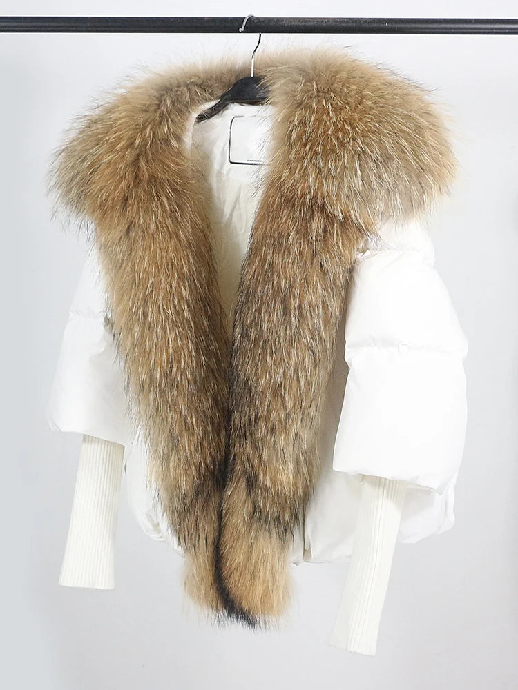 OFTUBY 2023 White Duck Down Jacket Winter Women Warm Loose Coat Natural Real Fox Fur Collar Thick Luxury Outerwear New Fashion