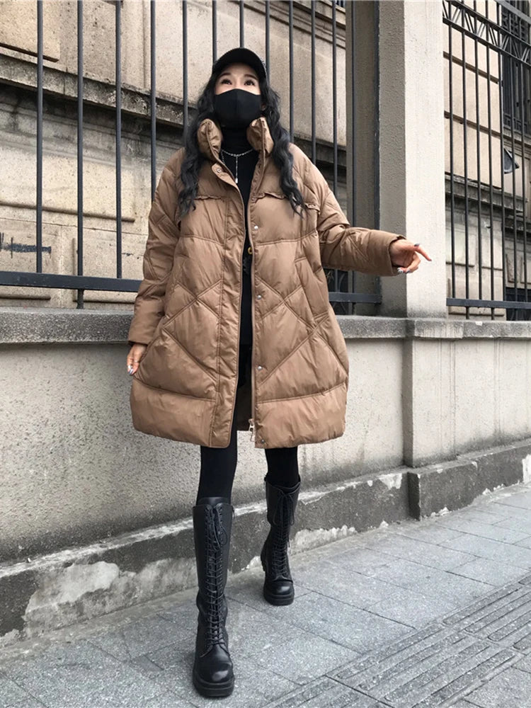 Winter Coats White Duck Down Puffer Jacket Women Medium Long Hooded Keep Warm Large Loose Thick Retro Warm Outwear Down Jackets