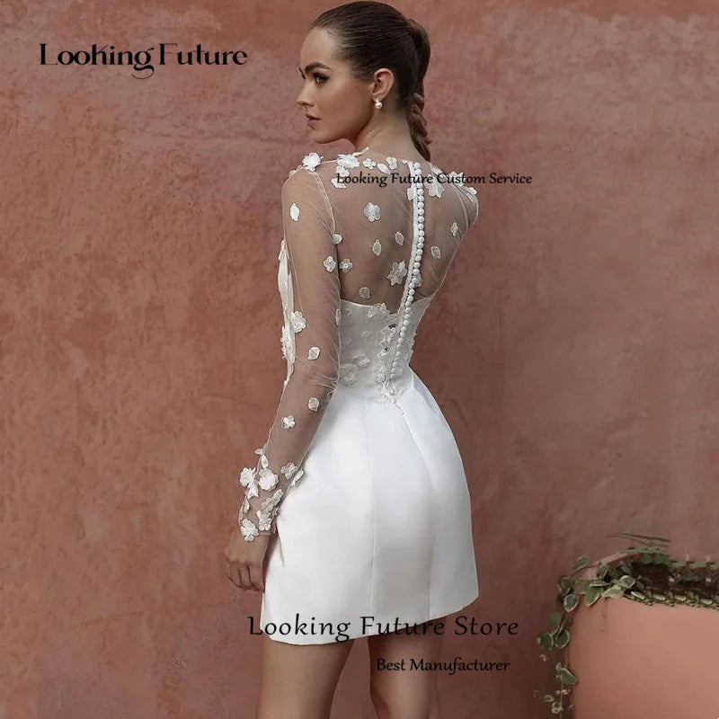 Customized Classic A-Line Mini Wedding Dress Satin Lace Long Sleeve 3D Flower Sexy Backless With Button Srapless Wedding Gown