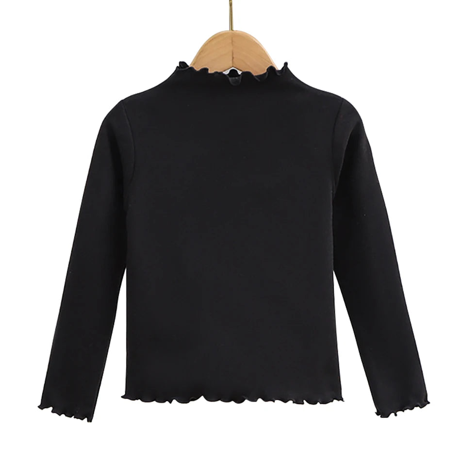 Children Clothing New Girls Base Shirt For Autumn and Winter Children Trendy Black Fungus Edge Solid Color Long Sleeved T-shirt